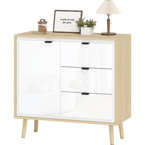 HOMCOM Credenza Cucina con Armadietto e 3 Cassetti Bianco Lucido e Rovere