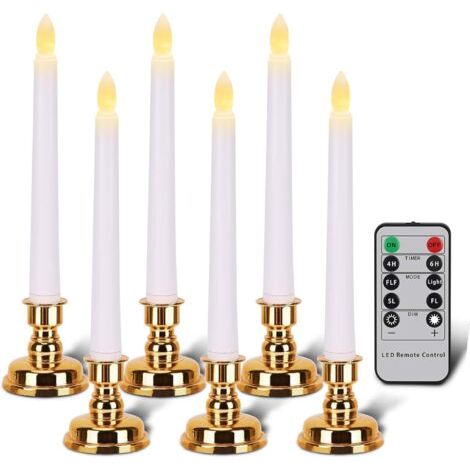Bougies avec supports dorés, bougies coniques sans flamme avec télécommande et minuteur, bougies de Noël LED blanches, lot de 6