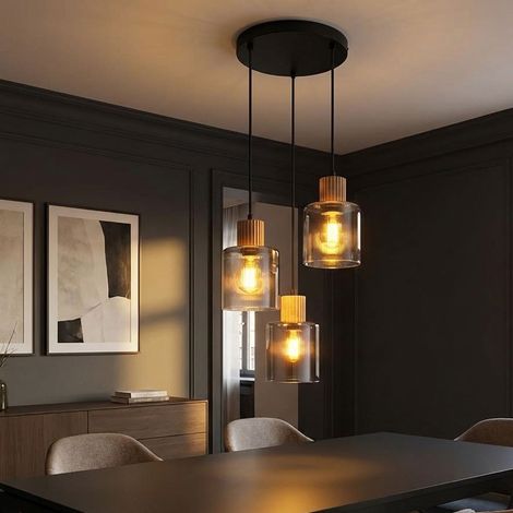 LED Pendelleuchte Hängelampe Esszimmerlampe 3-flammig Schwarz Holz H 120 cm (1/5)