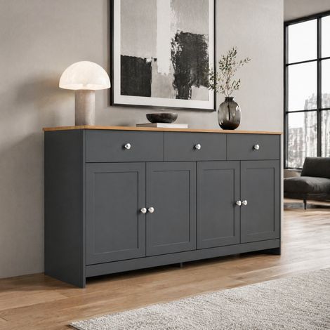 Aparador de almacenaje de 160 cm con 4 puertas y 3 cajones, gris negro y madera DESVIAE (1/5)