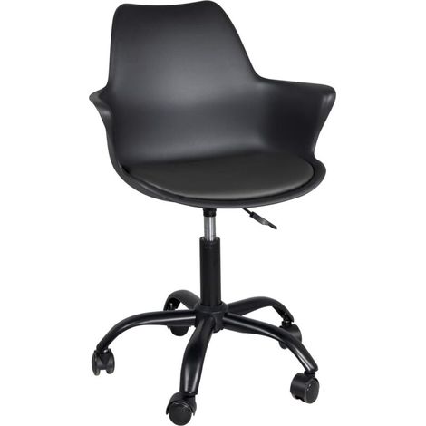 Chaise de bureau style rétro vintage, assise rembourrée en similicuir, accoudoirs intégrés, hauteur réglable, pivotante à 360°, pieds en métal avec roulettes souples style moto (noir) (1/5)