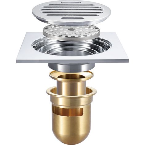 Siphon de Douche chromé en Laiton, désodorisant pour eaux Profondes, Drain de Sol de Douche carré de 12cm avec Grille de Couverture Amovible pour Salle de Bain, Grand débit