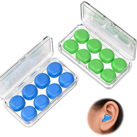 8 Paires Boule Quies Silicone, Bouchons Oreilles Anti-bruit Réutilisables, Antibruit ÉTANCHES, Bouchon d'Oreille pour Dormir, Voyage, Concerts, Natation, Bouchon Oreille Avion - Bleu, Vert (1/5)