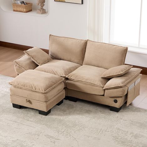 Canapé modulable 2 places en velours côtelé (avec pouf) – assise large, design ergonomique, rembourrage en mousse haute densité, port USB-C et poches latérales. Idéal pour le salon, le bureau ou la sa