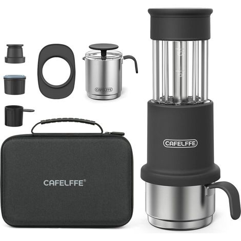 Cafetière portable manuelle avec mousseur à lait, tasse et sac de transport, machine à expresso à pression manuelle compatible avec les capsules NES Original et le café moulu, idéale pour les voyages. (1/5)