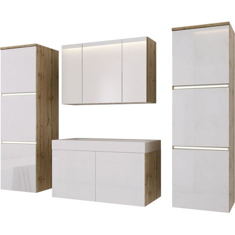 Set mobili da bagno, Rovere wotan, Bianco Lucido, 160 x 130 cm (1/4)