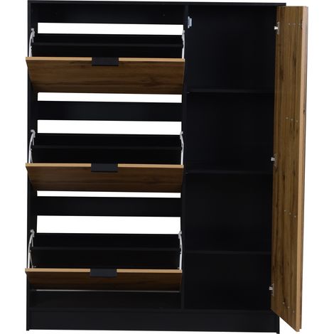 Armoire à chaussures en MDF 100x30x130 cm avec 3 compartiments abattants et 1 porte, capacité jusqu'à 12 paires, couleur bois naturel et noir (1/5)