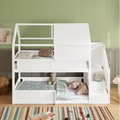 Litera infantil 80 x 200 cm con tejado, escalera lateral y barandilla de seguridad blanca HAVRYA (1/5)