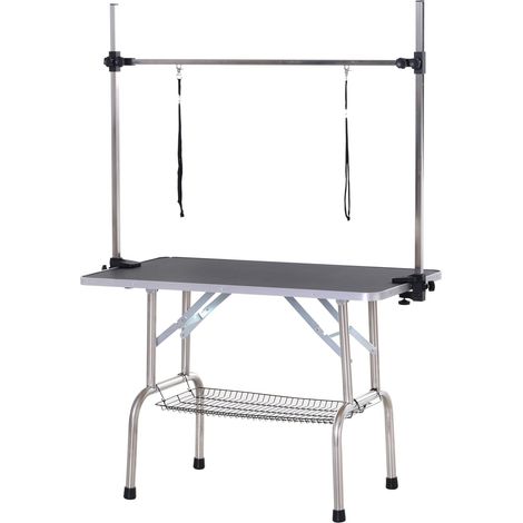 Mesa De Recorte, Mesa De Aseo Para Animales, Mesa De Aseo Con Cesta Inferior Para Perros, Altura Regulable, Plegable, Acero Inoxidable, Metal, Negro, 107 X 60 X 170 Cm