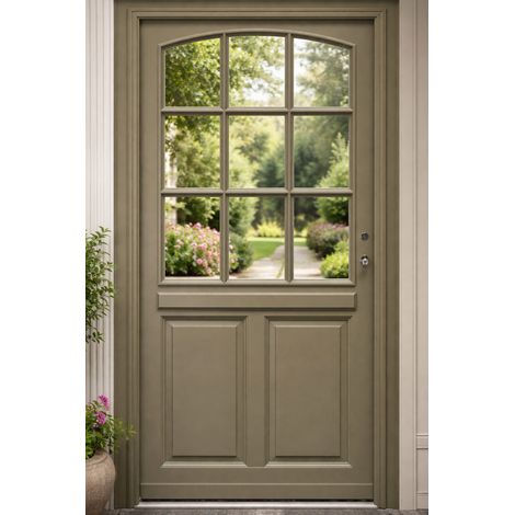 Porta d'ingresso in legno smaltato, Ady, Verde RAL7002, H.215xl.90 p.sinistra + Maniglia E Botte (ref010723NO) Lato tavolo