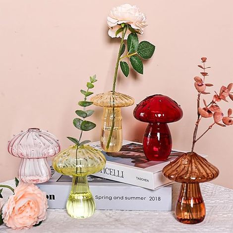 5 Piezas Florero Champiñón, Jarrones de Vidrio con Forma de Hongo, Floreros De Cristal De Colores Elegantes para Decoración De Mesa (1/5)