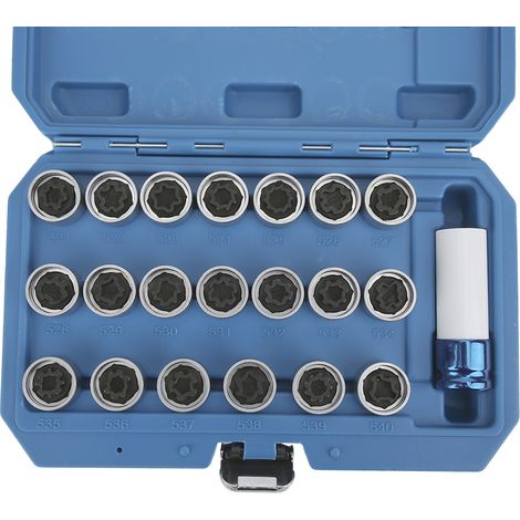 Kit antivol de 21 pièces comprenant un outil de démontage et d'installation d'écrous de roue antivol, compatible avec les modèles Mini E12, E21 et E23. (1/5)