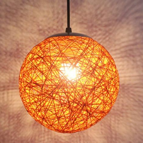 Orange retro rattan pendant light with round glass bulb, 15 cm diameter, DIY lampshade, E27 socket, for living room, restaurant, shopping mall, bar (1/5)
