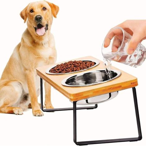 – Gamelle surélevée pour chien et chat – Bois de bambou – 2 bols en acier inoxydable de 14 cm – Hauteur 12,5 cm – Entretien facile (1/3)