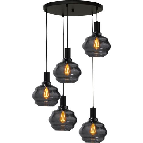 Suspension loft 5 lumières - noire - Porto avec verres à fumée Ball - Ø 24cm - 2712-05-05-50-5-3
