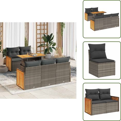 vidaXL Salon de jardin avec coussins 6 pcs gris résine tressée acacia (1/5)
