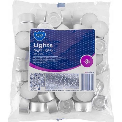 Candele tealight BISPOL, bianche, senza profumo, durata 8 ore, confezione da 50 pezzi. (1/5)