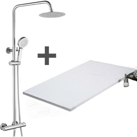 Kit Piatto doccia ultrasottile 70 x 90 cm PIATTO Bianco + Colonna doccia termostatica Finitura cromata