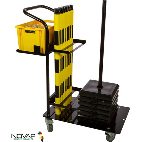 Chariot de signalisation maintenance - 6 Poteaux PVC lestés 3 Kg + chaine 25M Jaune/Noir - 6100423 (1/2)