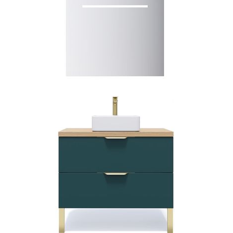 Meuble de salle de bain suspendu vasque à poser 90cm 2 tiroirs Bleu + miroir - Venice (1/5)