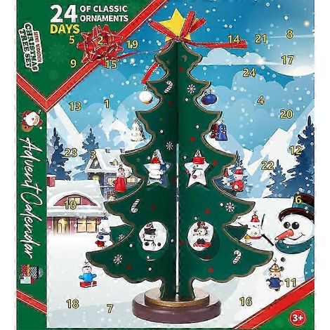Calendrier de l'Avent de 24 jours avec sapin de Noël en bois à poser et 28 décorations bonhomme de neige et Père Noël (1/4)