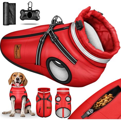 TRESKO® Hundejacke Rot / Größe XL Winter mit Reflektoren inkl. 15 Stück Kotbeutel + Spender  Hunderegenmantel wasserdicht  Hundemantel inkl. Geschirr  Hunde Winterweste gefüttert