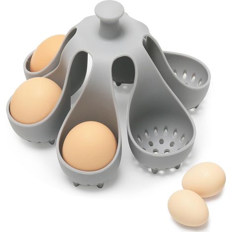 Support de cuisson en silicone pour œufs durs ou mollets, 6 places, ustensile de cuisine avec poignée pour cuire et servir, lavable au lave-vaisselle, silicone alimentaire. (1/5)
