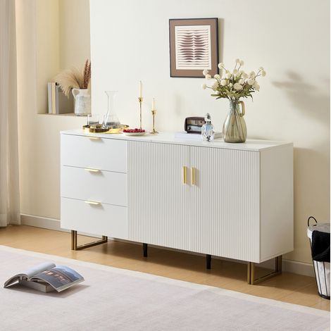 Madia moderna 2 ante e 3 cassetti, MDF bianco, maniglie dorate, 160 x 40 x 81,5 cm (1/5)