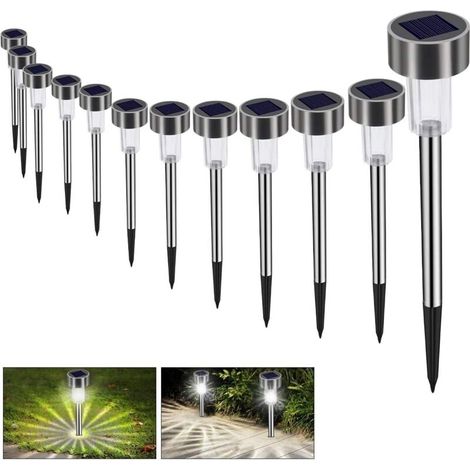 Luci solari da giardino, luci a LED per vialetti, lampade solari, 12 pezzi, a risparmio energetico, impermeabili IP65, in acciaio inossidabile, ideali per patio e prato - Crezuo