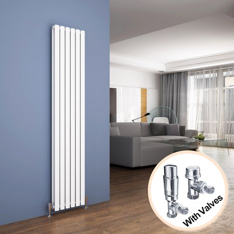 ELEGANT Vertical Column Designer Radiator White Oval Double Panel Rad 1800 x 354mm + Chrome Thermostatic Radiator Valves (1/5)