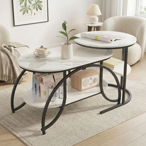 Set di 2 Tavolini da Salotto, Tavolini sovrapponibili 80cm e 52cm, Tavolo da caffè a 2 ripiani effetto marmo, Struttura in metallo, Stile moderno, Nero