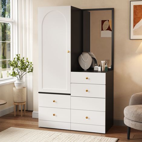 Armoire 90x50,5x160cm Combinaison Multifonction Vanité Avec 4 Tiroirs Tabouret Miroir complet du corps Pour Chambre Entrée Noir Blanc (1/5)