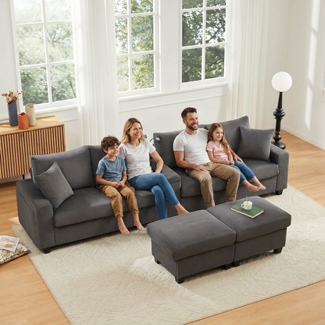 AS EASY Canapé d'angle en velours côtelé avec deux poufs, lampe de lecture, tablette rabattable, porte-gobelet et port USB/Type-C. Les accoudoirs sont équipés d'un éclairage LED décoratif. Gris. 334 x (1/5)