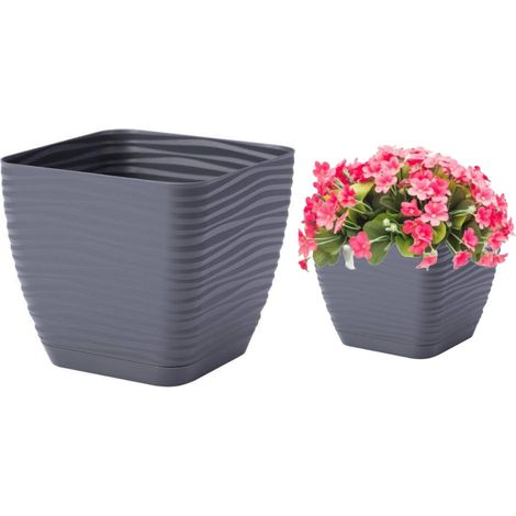 Pot de fleurs avec soucoupe, anthracite, 18,7 x 17,3 cm, carré, plastique (1/2)