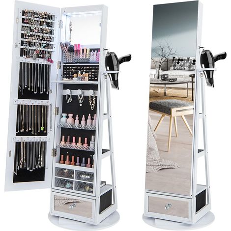 COSTWAY 4 IN 1 Swivel Jewelry Cabinet Lockable Jewelry Armoire w/ Full-Length Mirror (1/5)