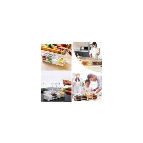 Organisateur d'épices 4 compartiments en plastique alimentaire – Transparent avec cuillères – Facile à nettoyer et à démonter (1/4)