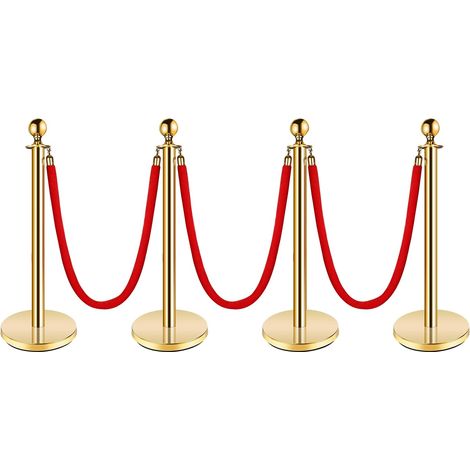 4 goldfarbene Metallstützen für Sicherheitsabsperrung, Höhe 95 cm, mit 3 roten Samtbanden (je 1,5 m) – elegante Zugangsbeschränkungen für Events, Hochzeiten, Eröffnungen und rote Teppiche