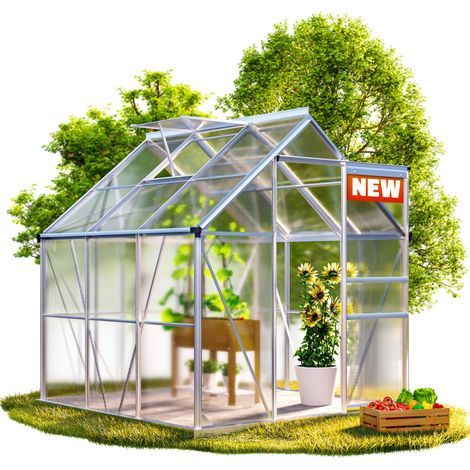 Gardebruk – Serre de jardin polycarbonate 3,6m² – Aluminium anodisé – 1 à 4 lucarnes – Gouttière avec évacuation d'eau – Dimensions 190 x 190 x 195 cm