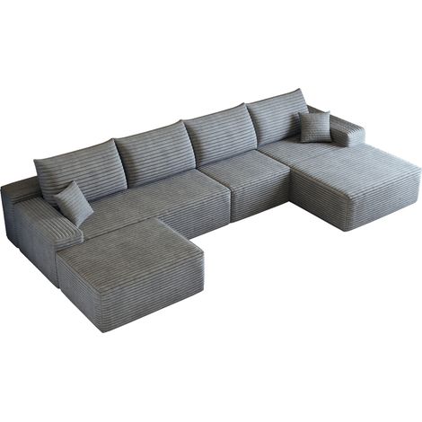 Divano angolare modulare 340 cm con chaise longue a L grigio in tessuto a coste, senza montaggio (1/5)