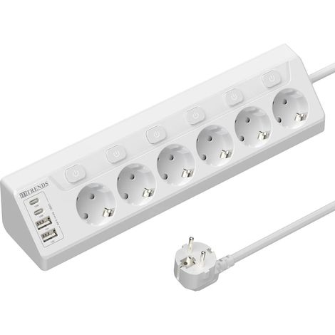Multiprise européenne à 6 voies avec 2 USB 2 Type C, prise multifonctionnelle d'angle avec câble de 2m pour Table de maison, Blanc