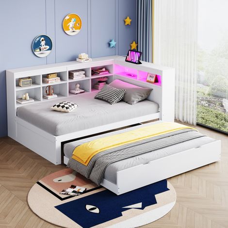 DESVIAE Lit banquette en bois massif 90 x 200 cm avec lit gigogne LED USB rangements étagères blanc (1/5)