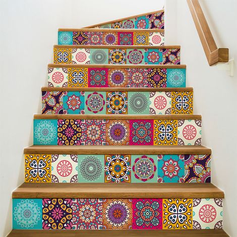 Stickers adhésifs escalier carrelages contremarche - ROSES MULTICOLORE - 2 bandes de 15x105cm (1/3)