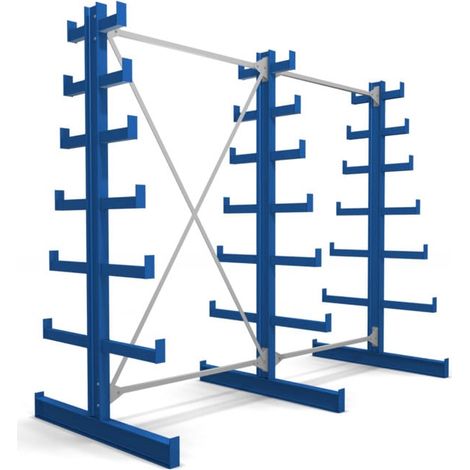 Rayonnage à bras en porte-à-faux STIER, double, 2 travées avec 6 niveaux décroissants 2600x2000x500 mm, bleu gentiane