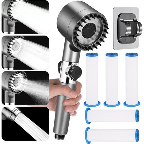 Shower head with filter - Water saving - High pressure shower head - Adjustable - With 4 spray patterns - Holder for 5 filters (1/5)
