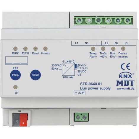 BLOC D'ALIMENTATION BUS REDONDANT AVEC FONCTION DE DIAGNOSTIC, 640MA POUR KNX MAISONS ET BATIMENT. MDT STR-0640.01