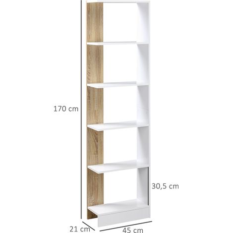 Bibliothèque Étagère de Rangement avec 5 Compartiments Ouverts Design Simple Moderne Blanc et Chêne (1/5)