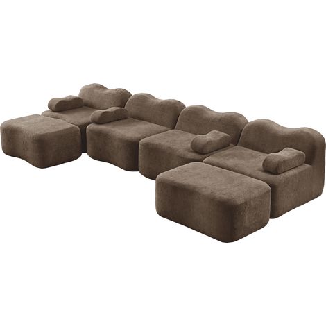 Sofá modular en U de 4 plazas con 2 otomanas, terciopelo marrón, espuma 32D, sin brazos, para salón (1/5)
