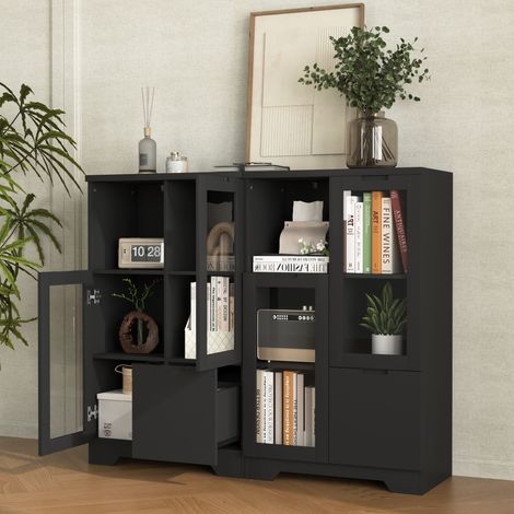 REDOM Credenza 65x30x100 cm, con 2 Ante in Vetro, 2 Ripiani Regolabili e 1 Cassetto, Ampia Capacità, MDF, Nero, per Soggiorno