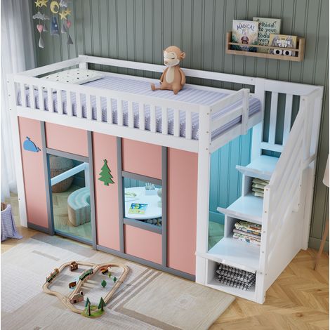 Letto a soppalco per bambini 90x200 cm bianco e rosa in legno massello e MDF con scala contenitore e LED (1/5)