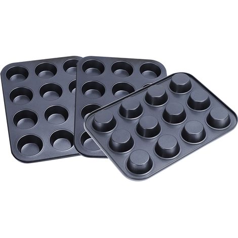 3 Pièces Moule à Muffins Antiadhésif en Acier Carbone, 12 Cavités pour Cupcakes, Tartelettes et Muffins, Noir - Accessoire de Cuisine pour Pâtisserie
